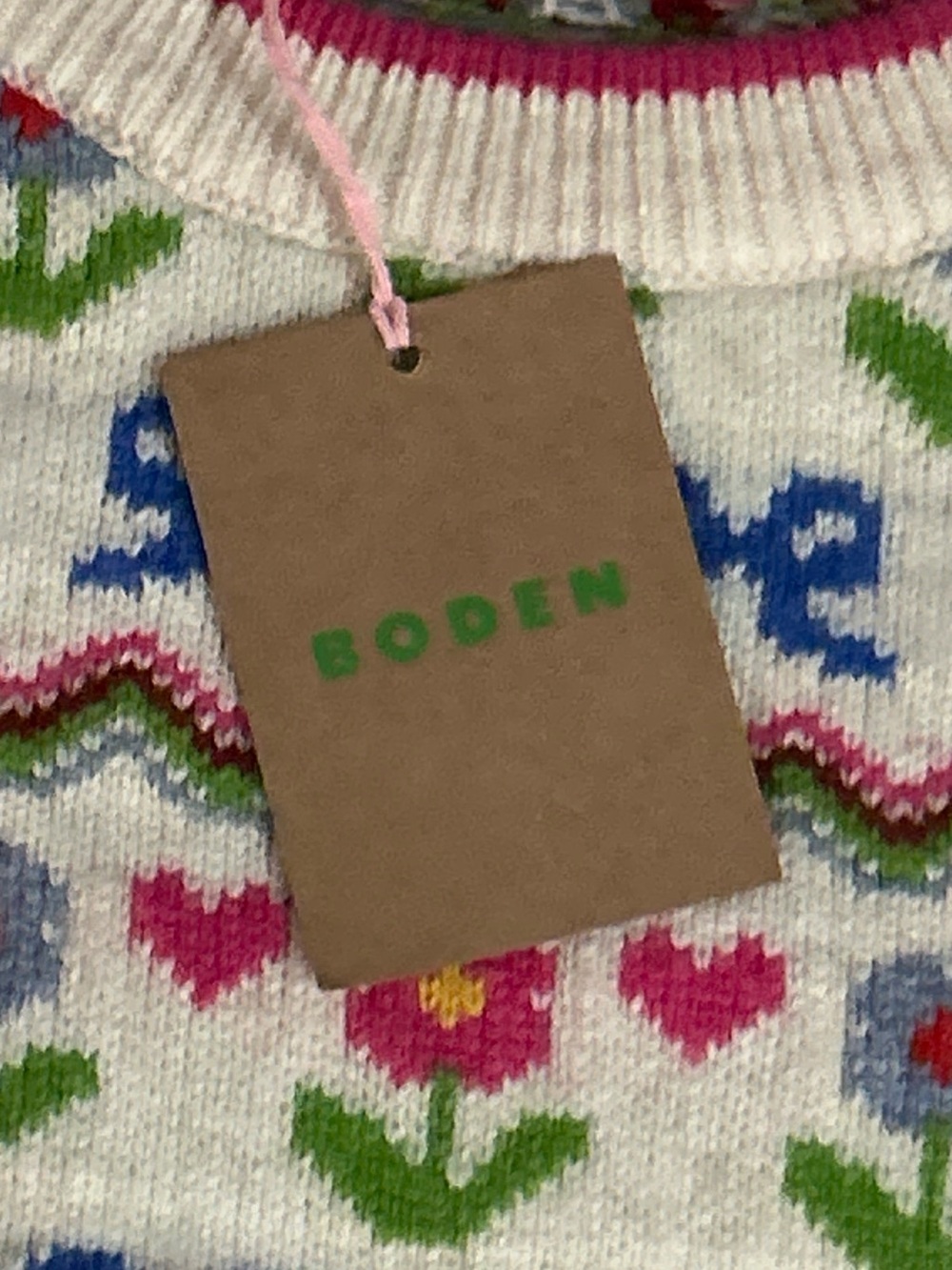 Boden Edie Fair Isle Vest Oatmeal Melange Knit Floral & Bow Pink Trim - Picture 10 of 13